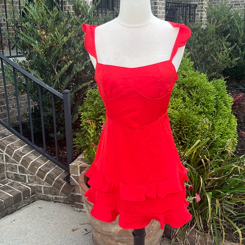 Red Flirty Flutter Sleeve Party Mini Dress New - Picture 5 of 13